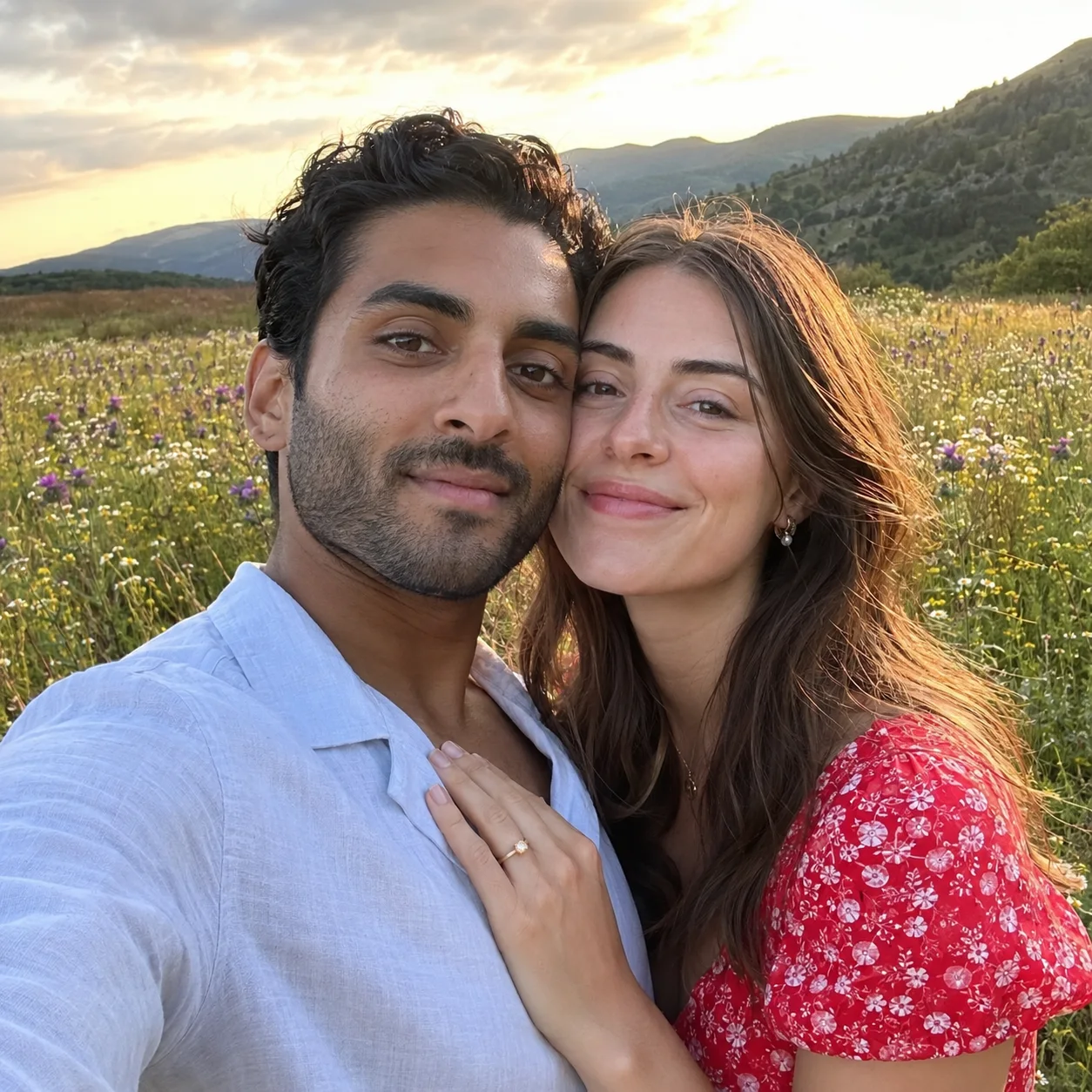 Couple de fiancés en randonnée dans un paysage de montagne